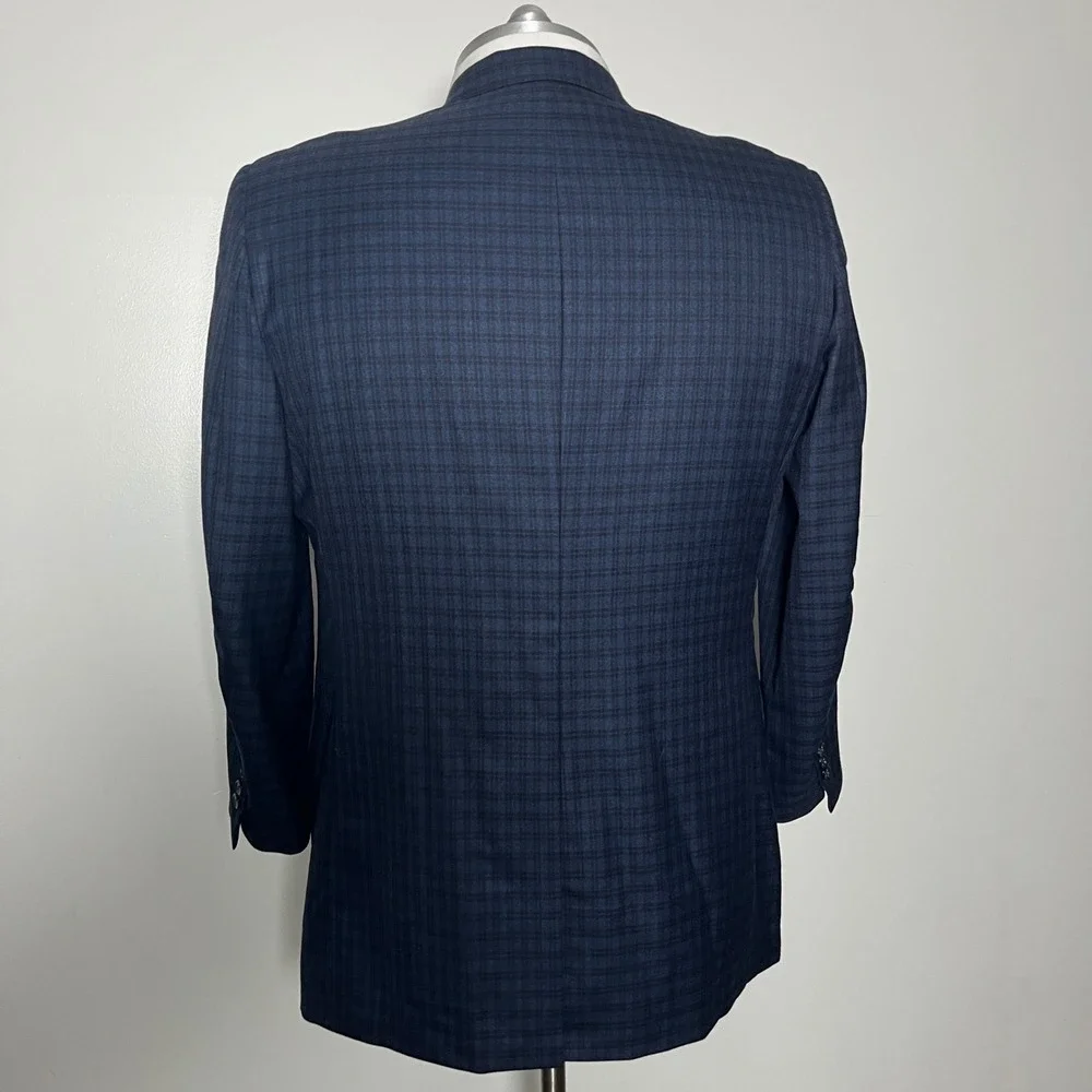 Royal Classic Blazer Mens 44L Navy Blue Plaid Two‎ Button Notch Lapel Vintage